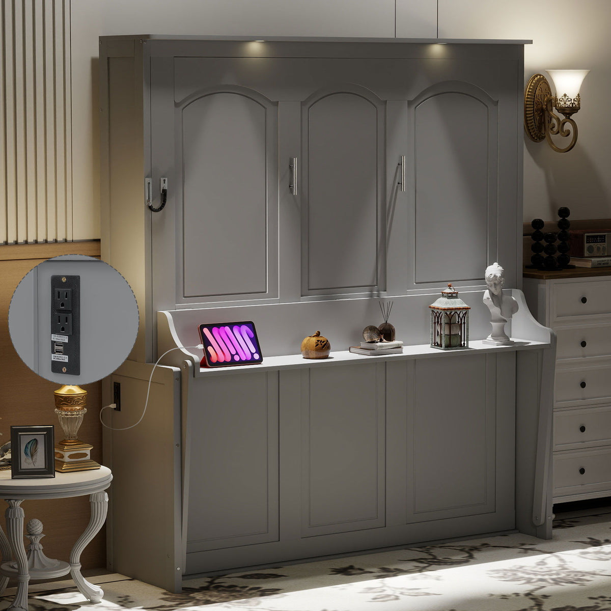 Cama Murphy con escritorio, luces LED y estación de carga USB