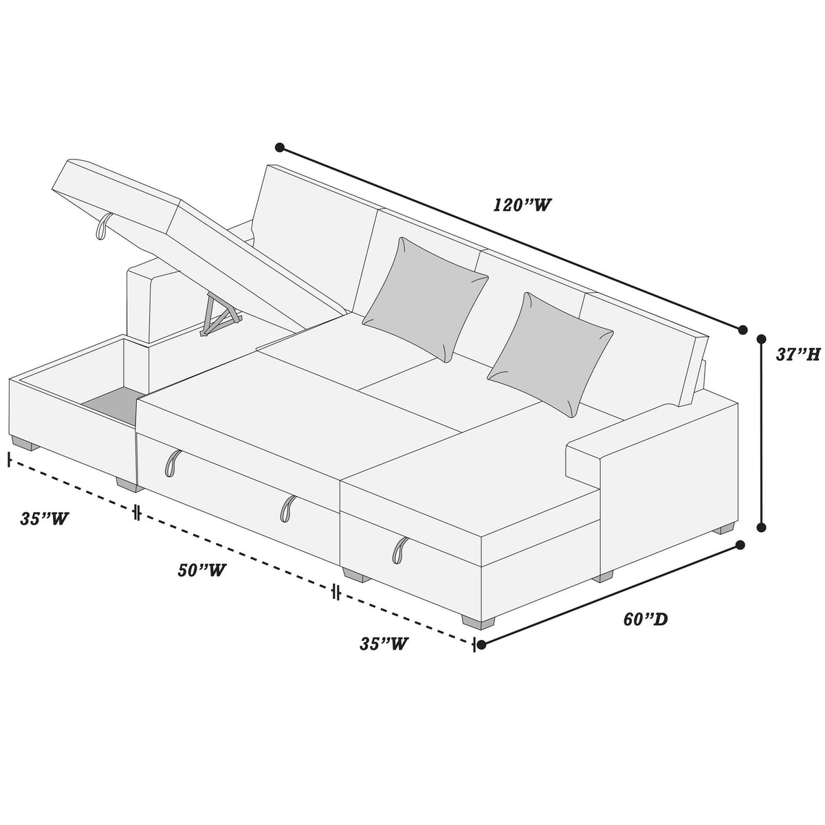 Seccional convertible, chaises con almacenamiento, sección central extraíble - Chocolate