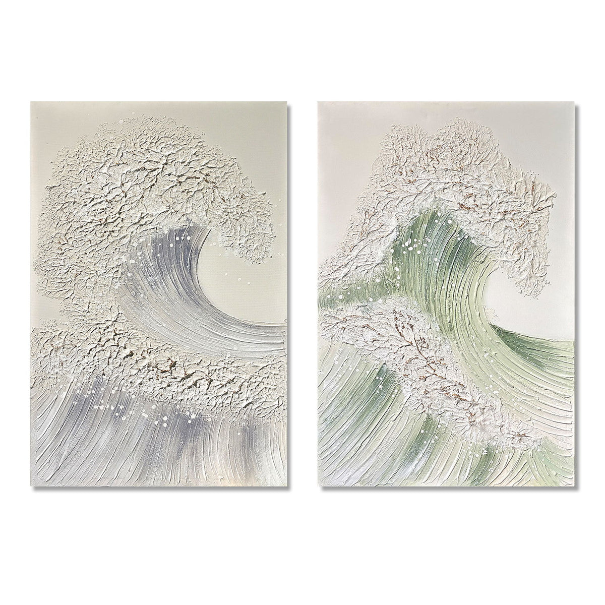 Arte de pared con olas del océano, pintura en lienzo texturizado con detalles (set de 2) - Verde salvia y dorado