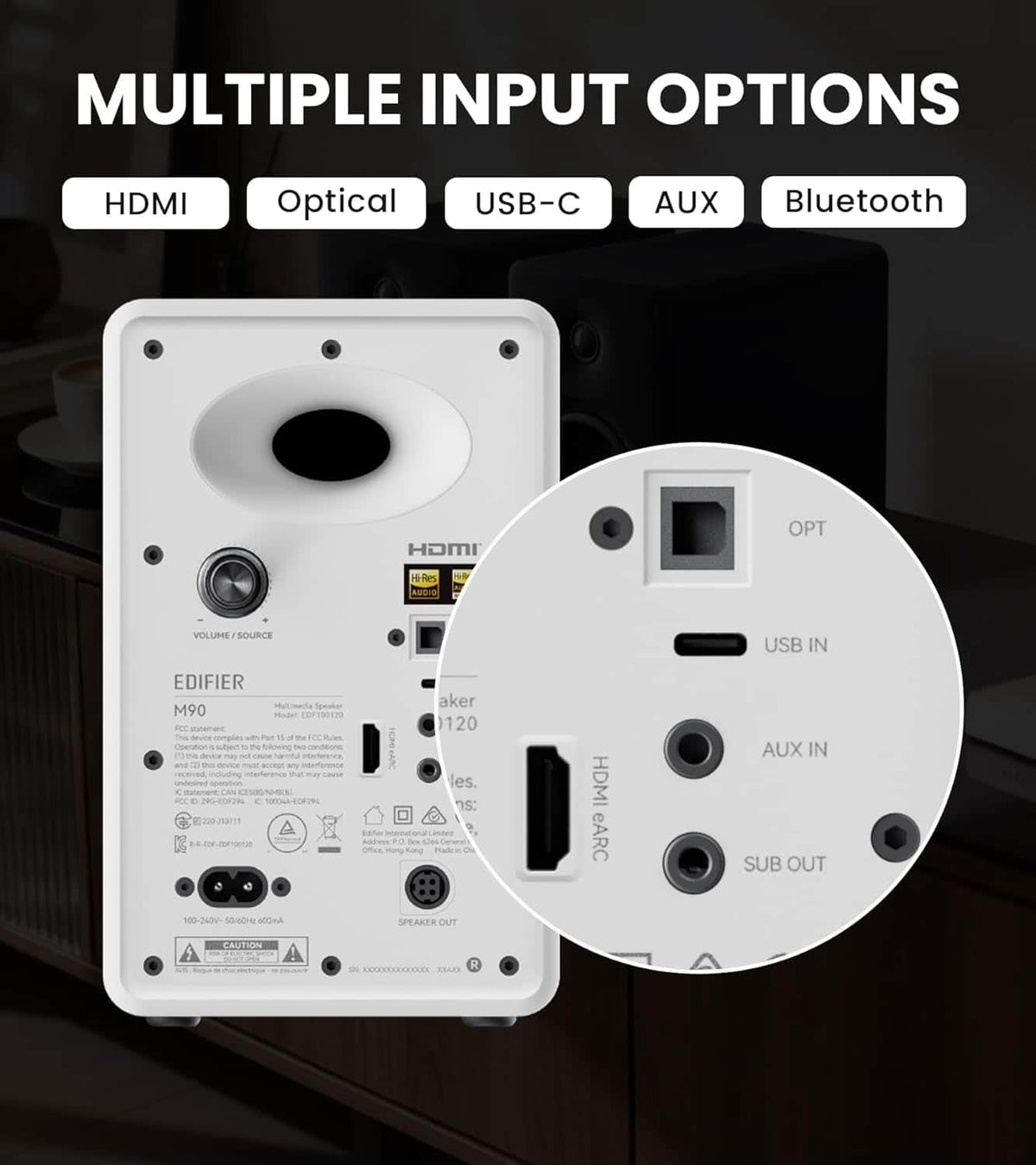 Edifier - M90 Powered Speakers, 100W RMS, Hi-Res Audio, LDAC, Bluetooth 6.0, HDMI eARC/Optical/USB-C/AUX Input, SUB Out (Pair) - White