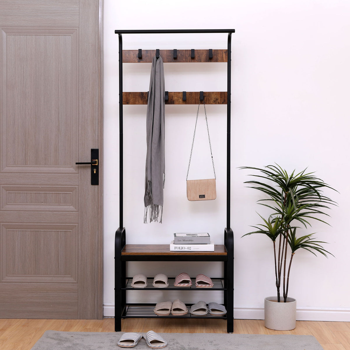 Hall Tree With Shoe Bench For Entryway With 9 Removable Hooks