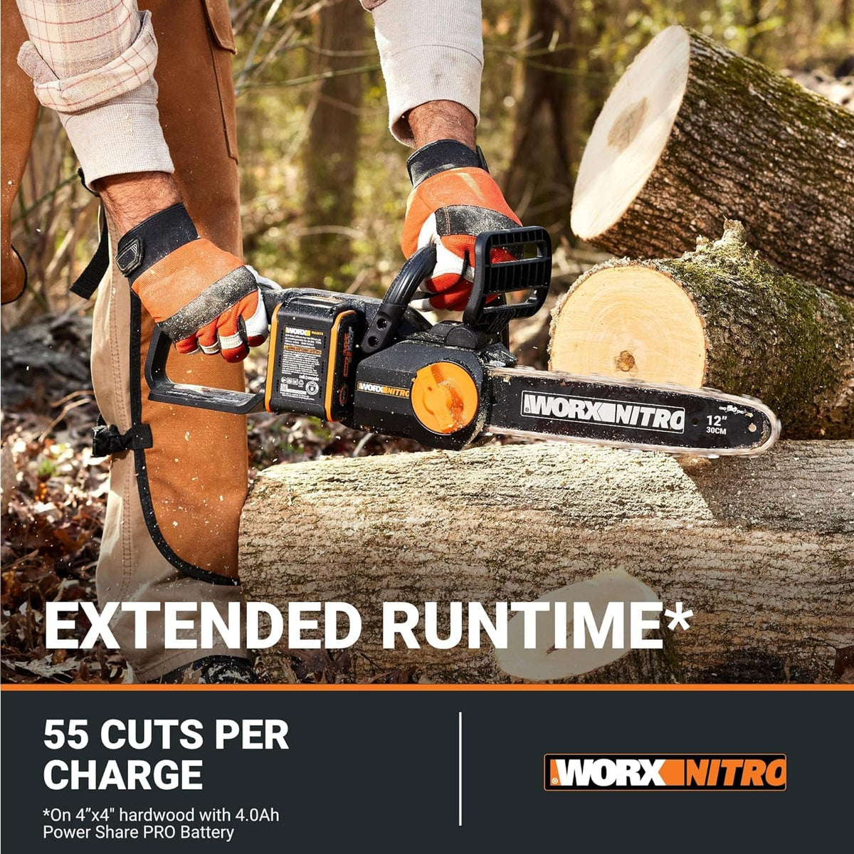 WORX - Nitro 20V 12" Cordless Brushless Chainsaw (1 x 4.0 Ah Battery and 1 x Charger Included) - Black