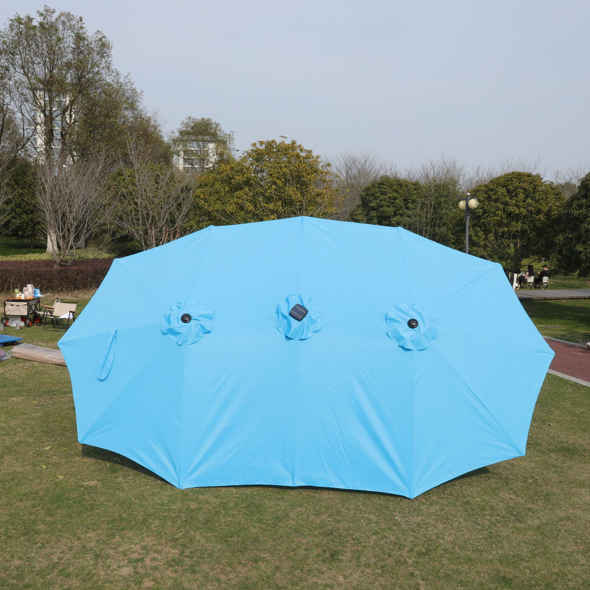 Double- Sided Outdoor Market Umbrella With Lights And Base