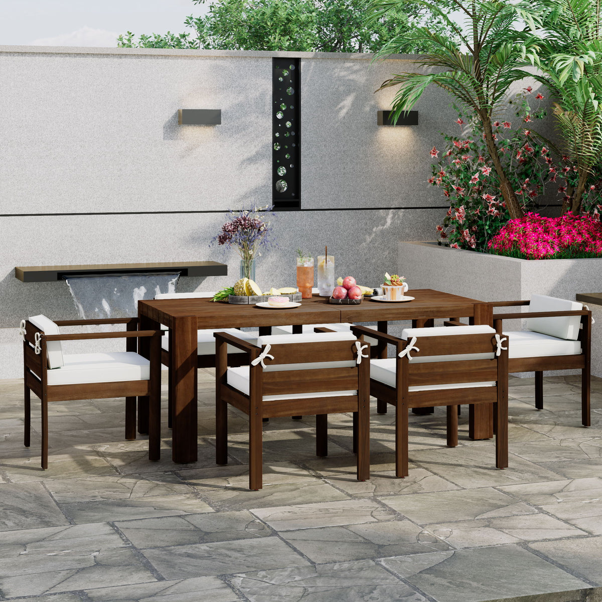 Juego de comedor rústico para patio para 6 personas con cojines extraíbles