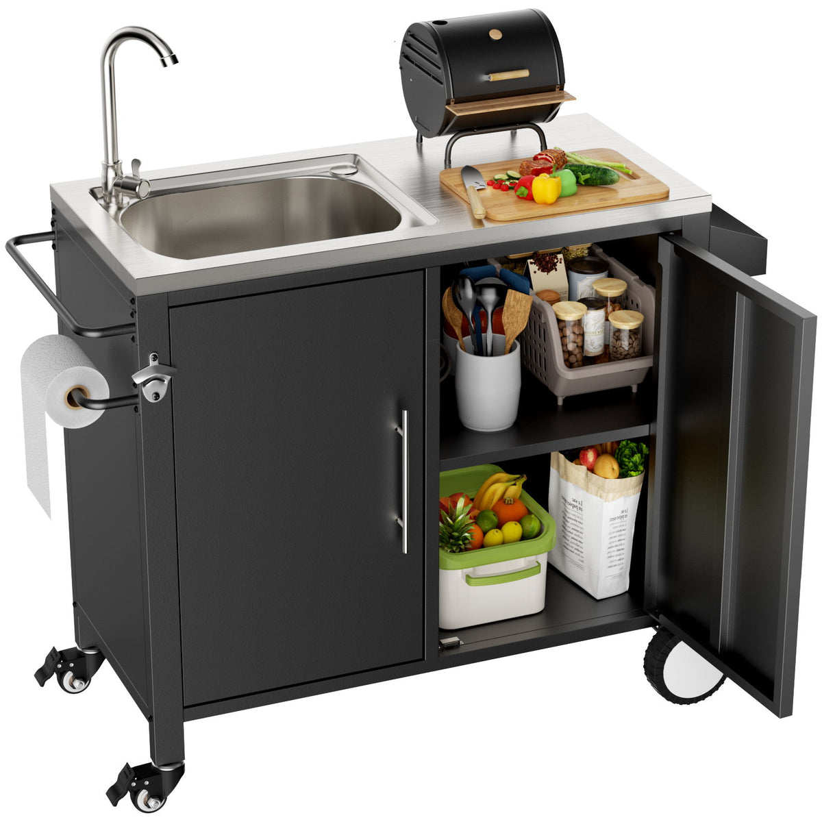 Mesa para parrilla de exterior con fregadero, carro para parrilla con fregadero y armario con ruedas - Negro / Plata