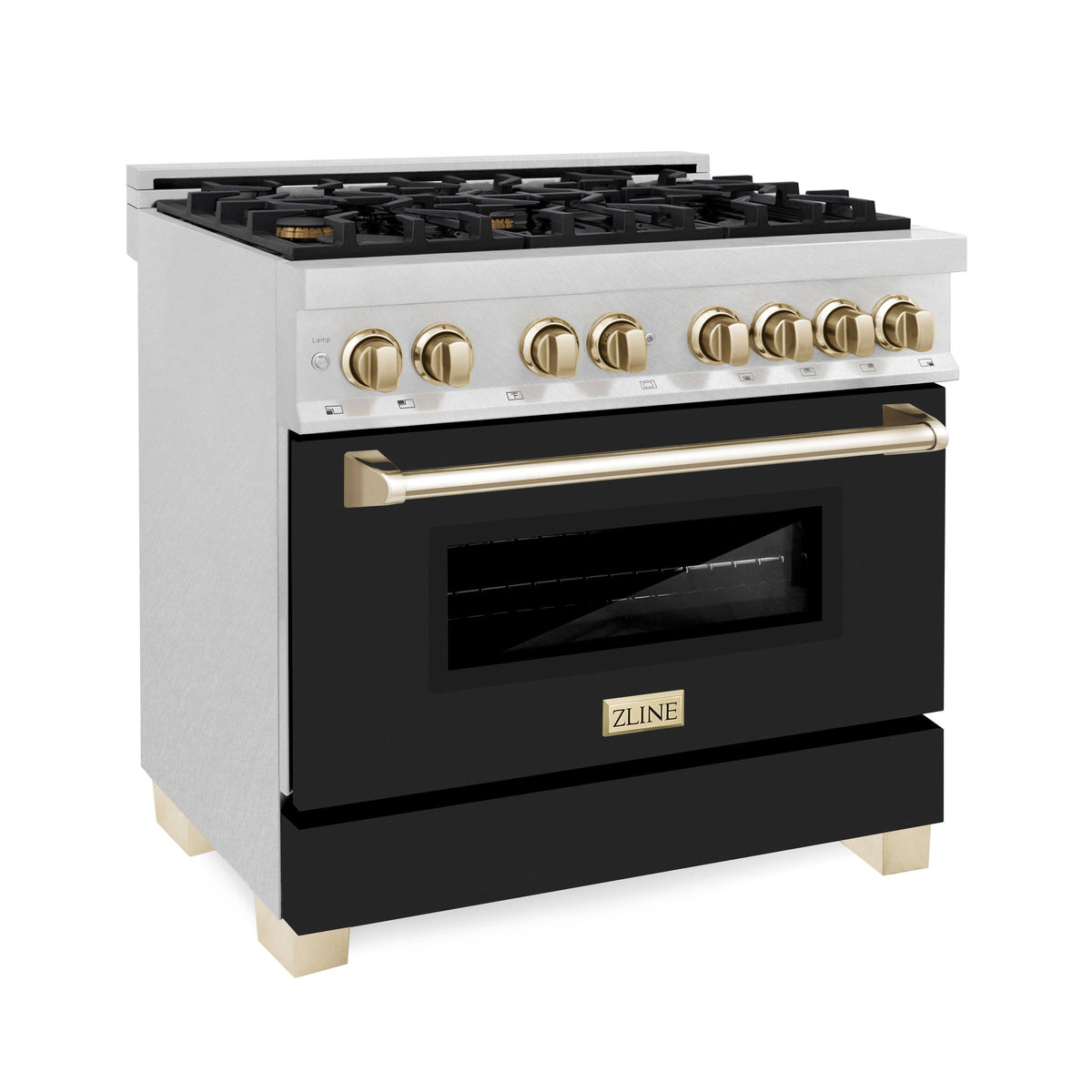 ZLINE - 36 in. Wide 6 Burner Autograph Legacy Dual Fuel Range in Satin Steel w/ Black & Gold Accents (RASZ-BLM-36-G) - Black Matte