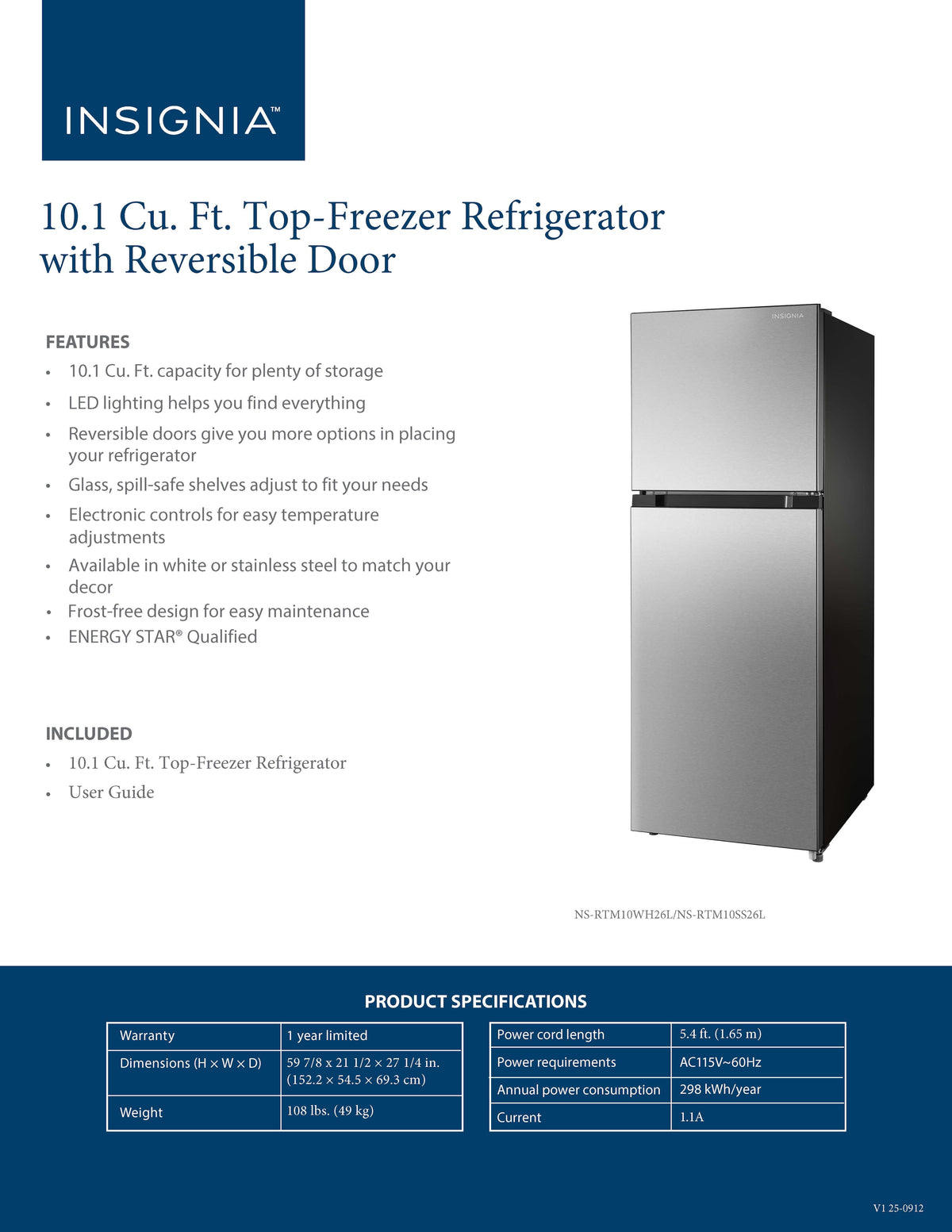 Insignia™ - 22 in. Wide 10.1 Cu. Ft. Top-Freezer Refrigerator with Reversible Door and ENERGY STAR Certification - White