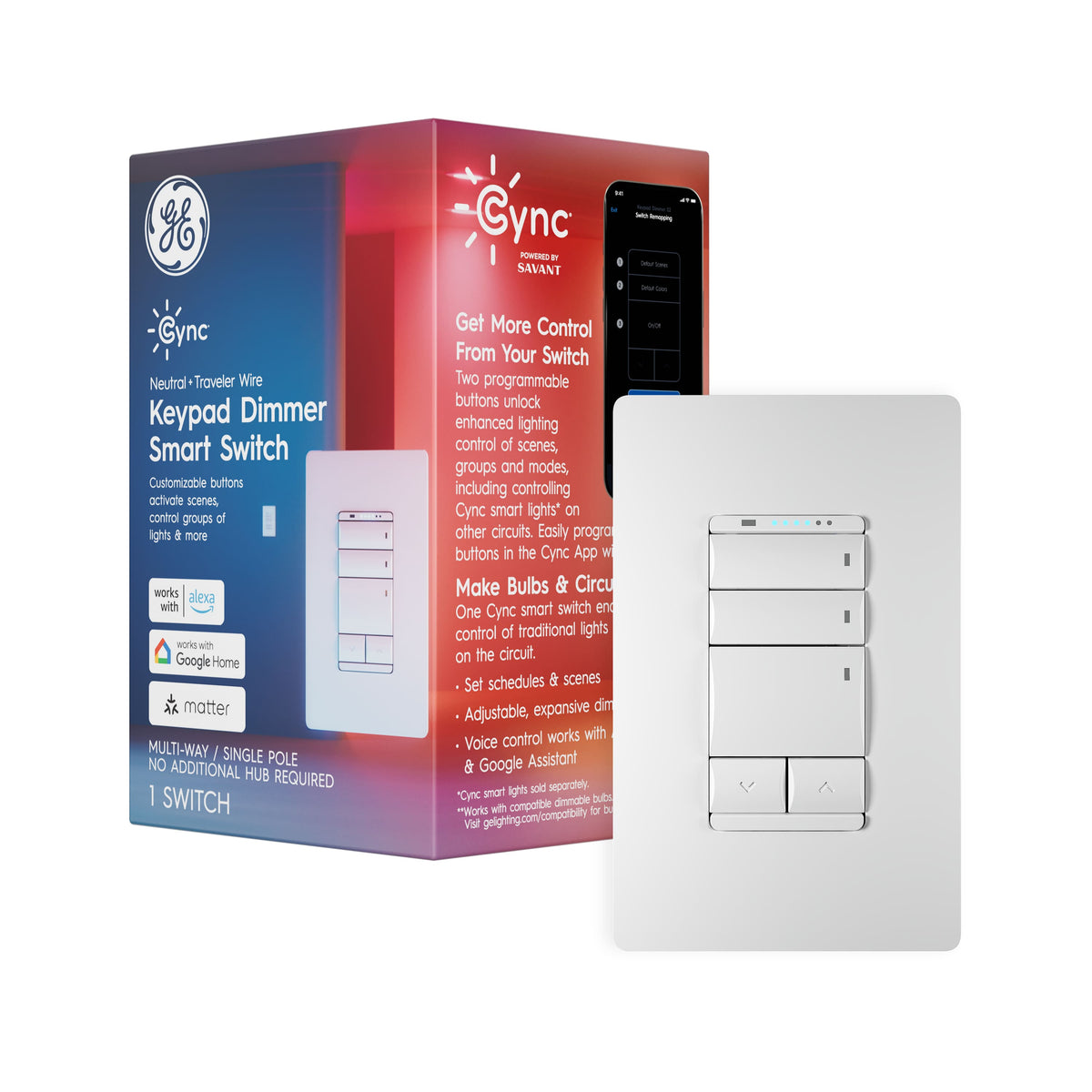 GE Cync Keypad Dimmer Switch, Neutral + Traveler Wire (1-Pack) - White