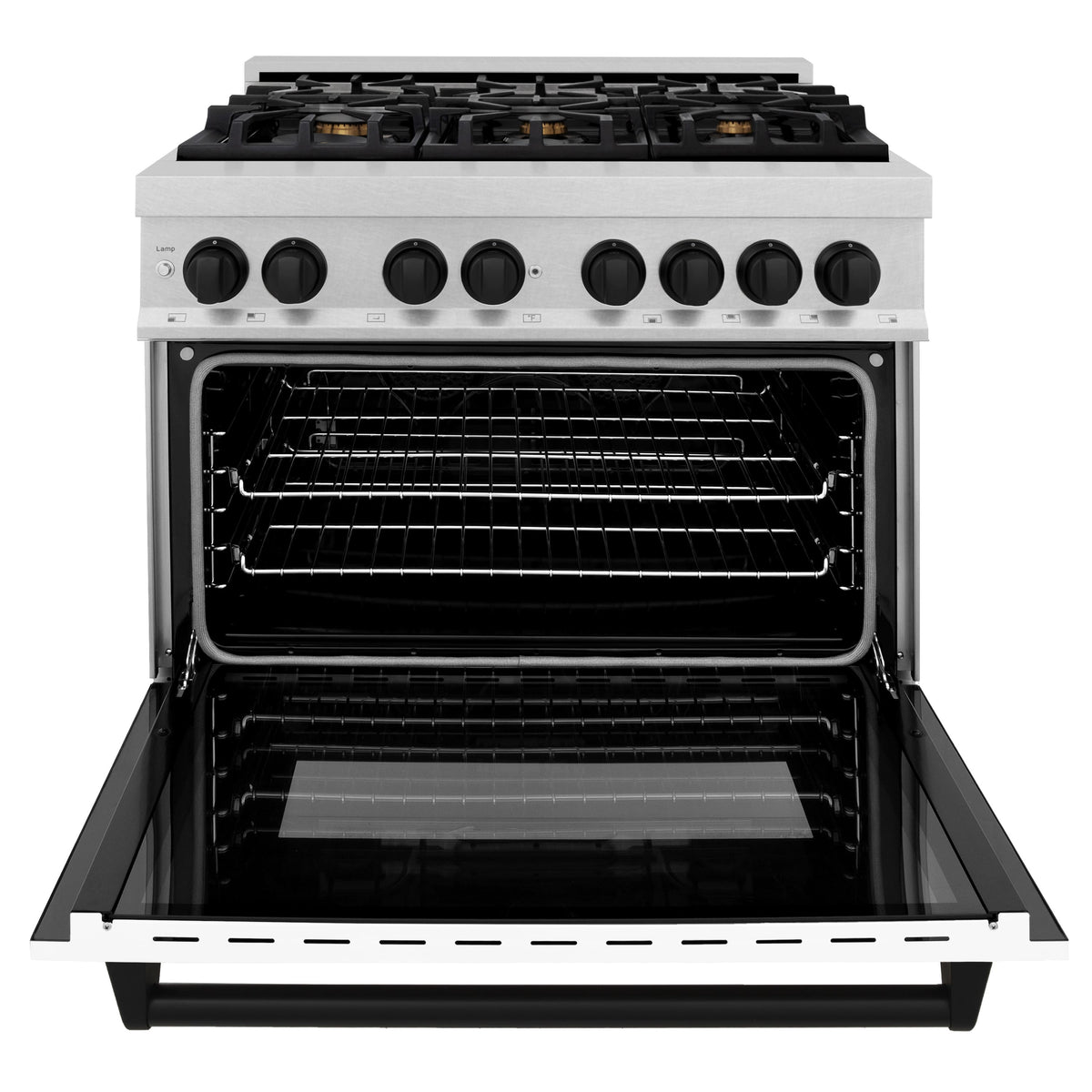 ZLINE - 36 in. Wide 6 Burner Autograph Legacy Dual Fuel Range in Satin Steel w/ White & Black Accents (RASZ-WM-36-MB) - Stainless Steel