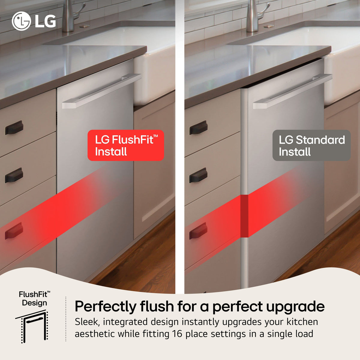 LG - FlushFit 24-in Top Control Smart Built-In Stainless Steel Tub Dishwasher with 3rd Rack, 1-Hour Wash and Dry, 46dBA - Stainless Steel
