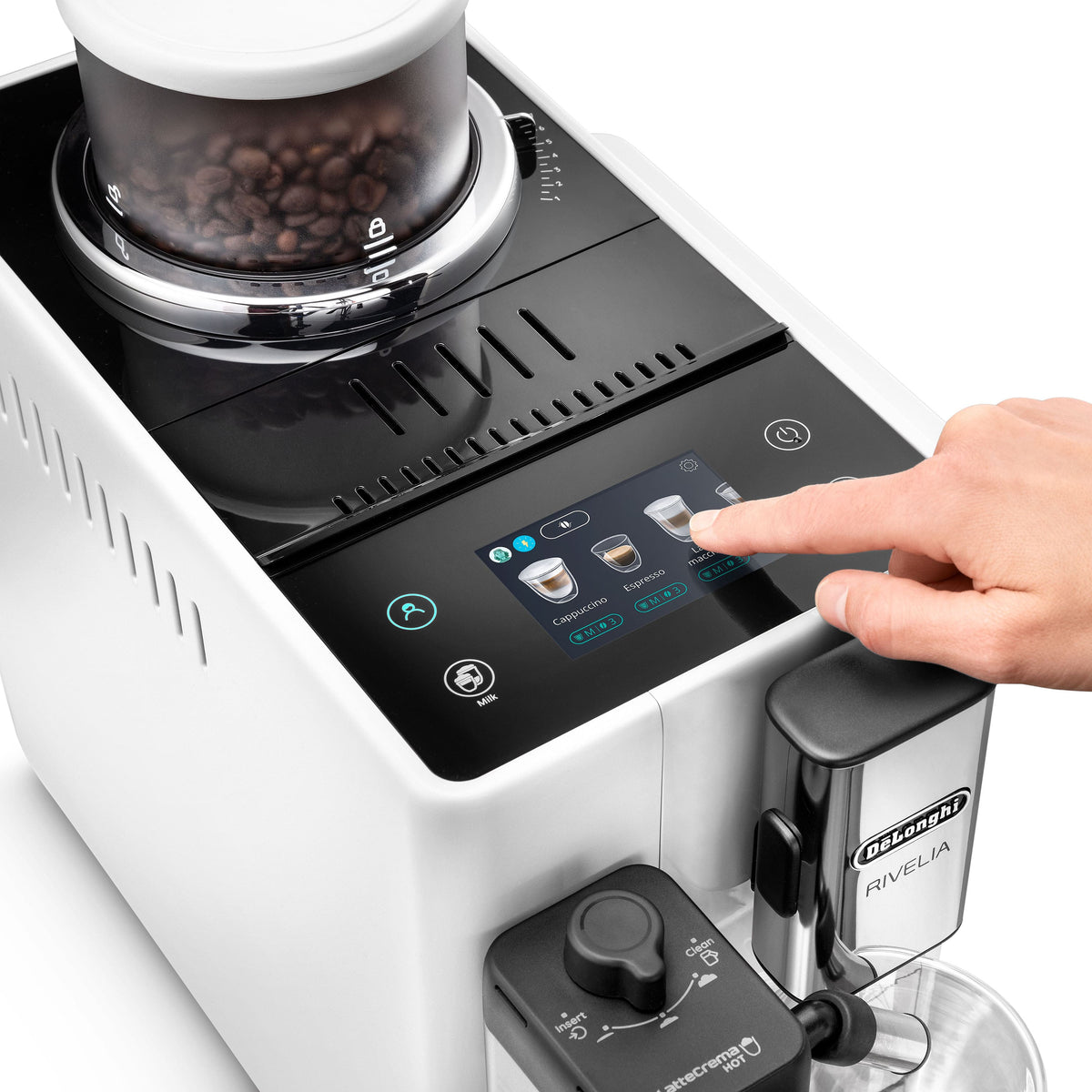 De'Longhi - Rivelia Fully Automatic Espresso Machine, Integrated Grinder, 2 Removable Bean Hoppers, Automatic Milk Frother - Arctic White