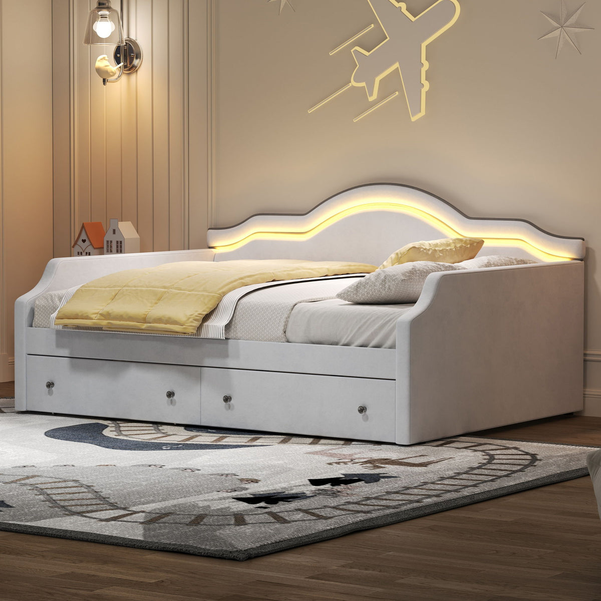 Upholstered Daybed With LED Lights And 2 Drawersme
