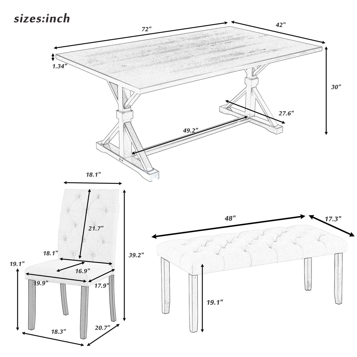 6 Piece Dining Table Set With Rectangular Wood Table, 4 Upholstered Chairs, Bench