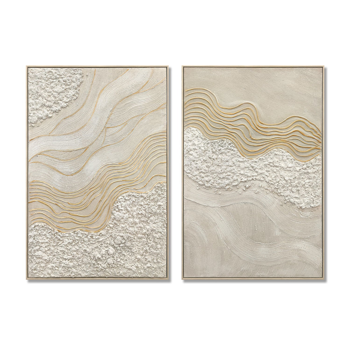 Arte de pared enmarcado, pintura en lienzo texturizado con detalles, decoración para sala de estar (juego de 2) - Blanco antiguo