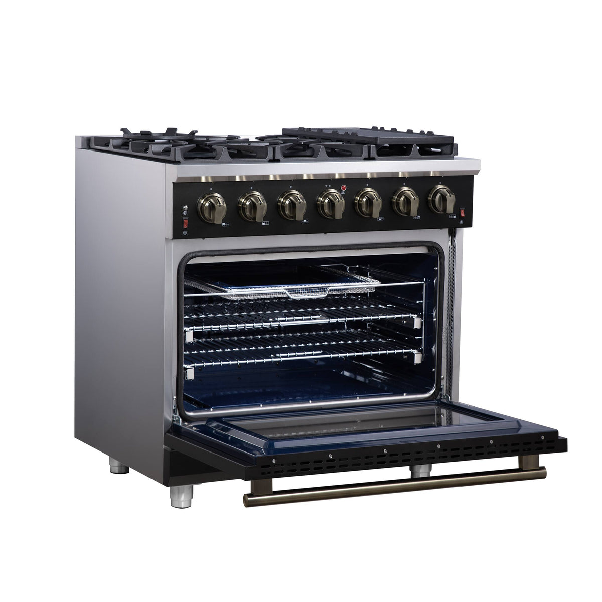 Forno Appliances - 36 in. Wide 6 Burner Massimo 5.36 Cu. Ft. Freestanding Gas Convection Range with Air Fryer Kit, Wok Support & Griddle - Black