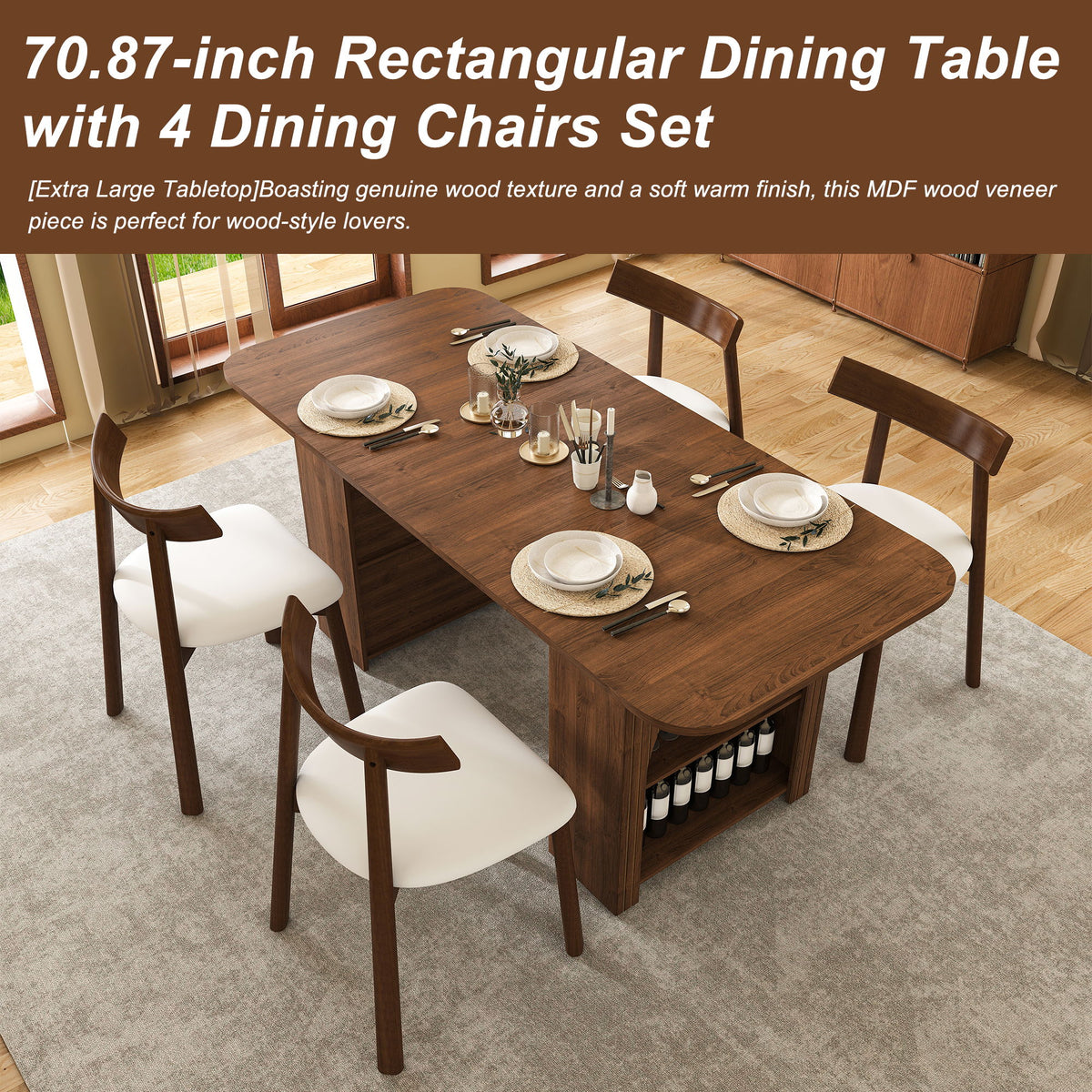 Set de comedor con 4 sillas, mesa con cajones y estante abierto - Nogal