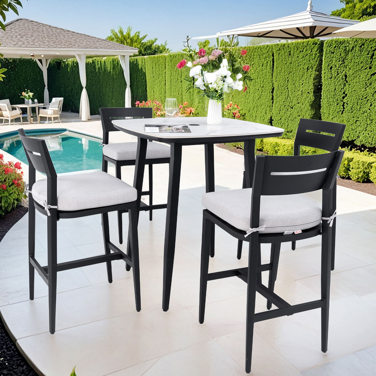 5 Pieces Outdoor Patio Bar Set, Rounded Square Table & 4 Aluminum Bar Stools