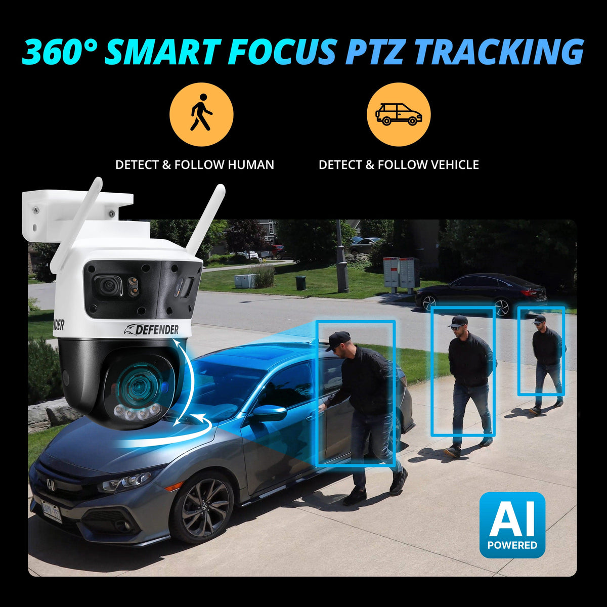 Defender - AI 3K+ Guard Tri-Lens PTZ WIFI Plug-in Security Camera, 360° Tracking, AI Detection, Works w/ Guard App, 4 Pack - White