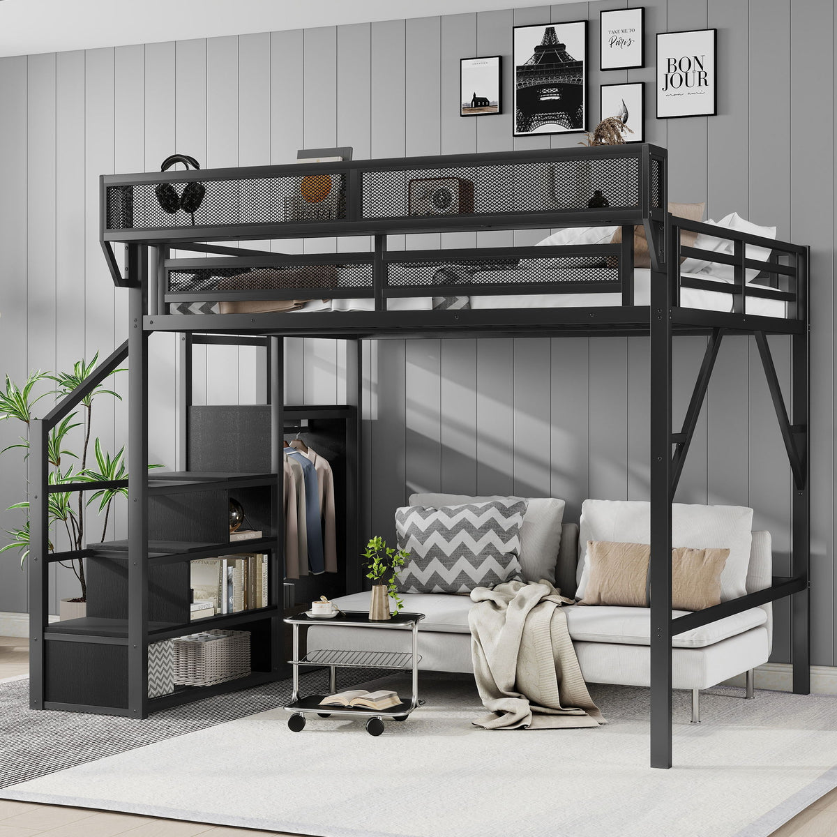 Cama alta tamaño queen con escaleras, estantes de almacenamiento, armario - Negro