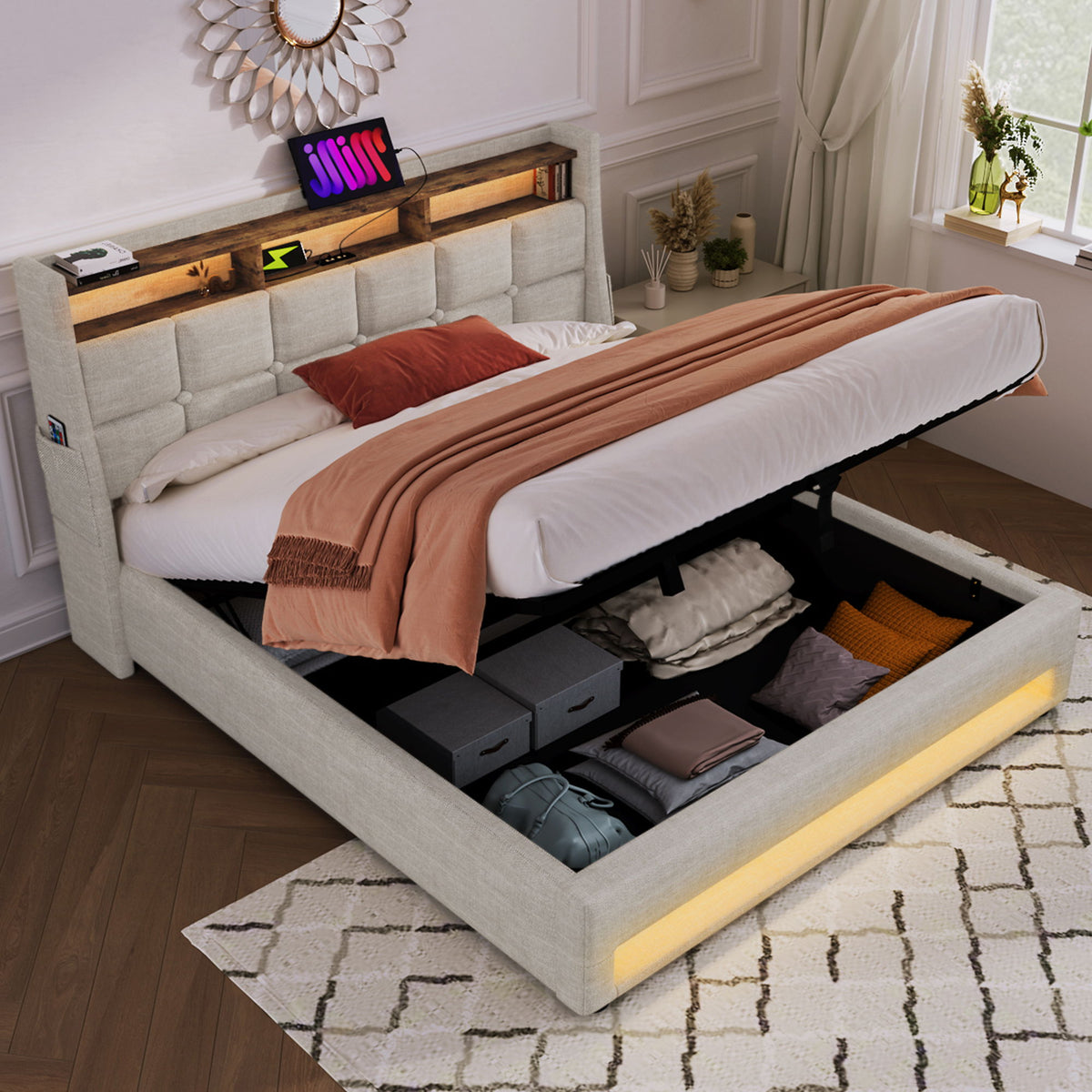 Cama con plataforma con almacenamiento hidráulico, iluminación LED y estación de carga