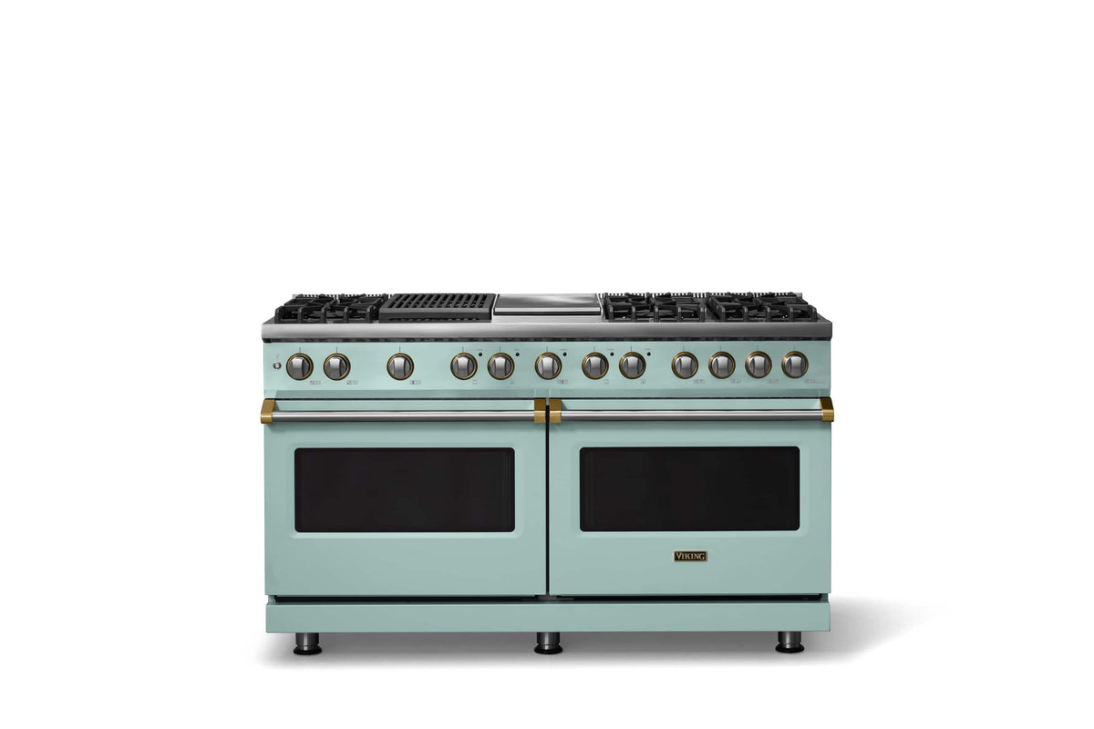Viking - 60"W. 8 Burner Pro 5 Series 9.4 Cu. Ft. Freestanding Sealed LP Dual Fuel ConvectionRange with Brushed Brass Trim - Splash