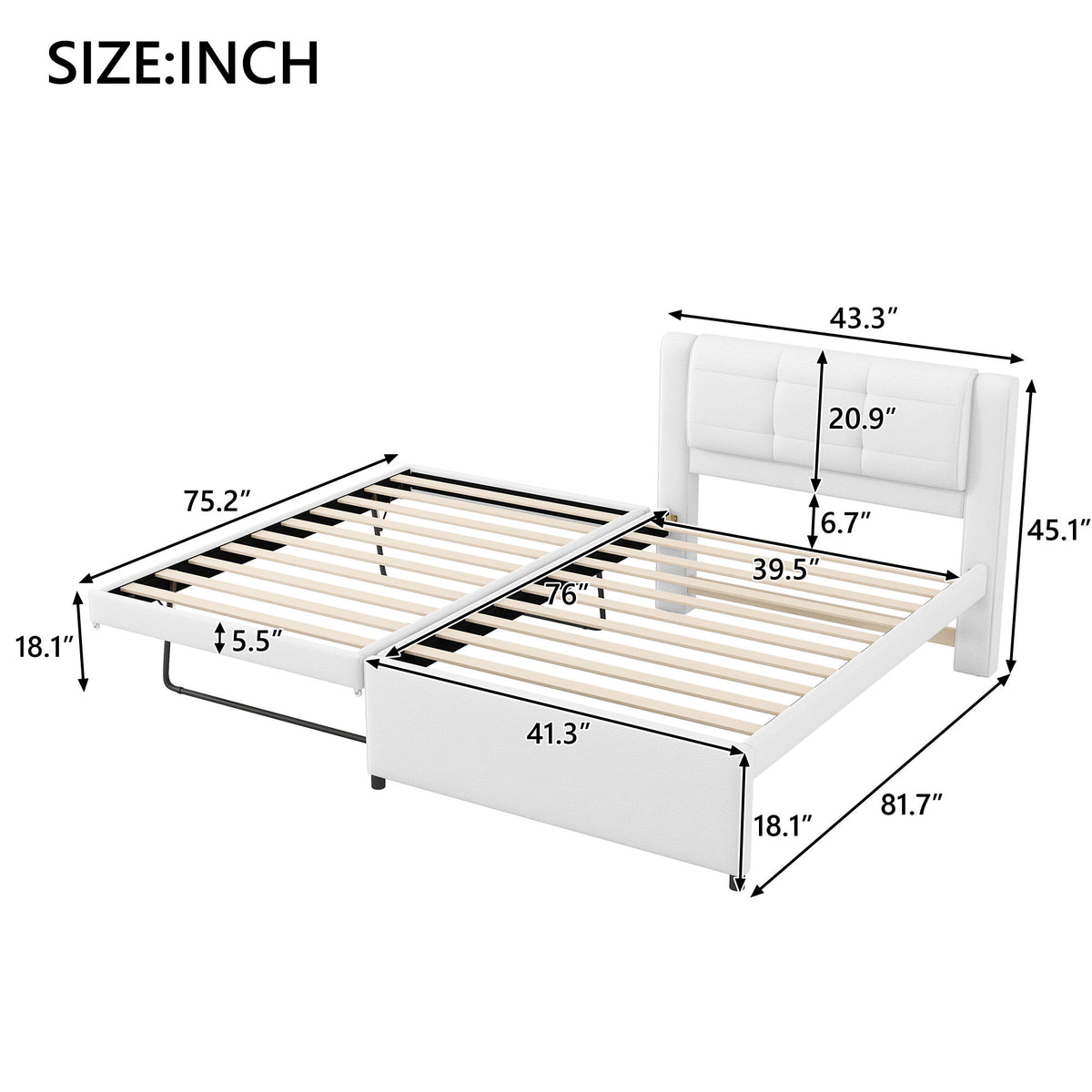 Cama tapizada tipo plataforma con cama nido multifuncional