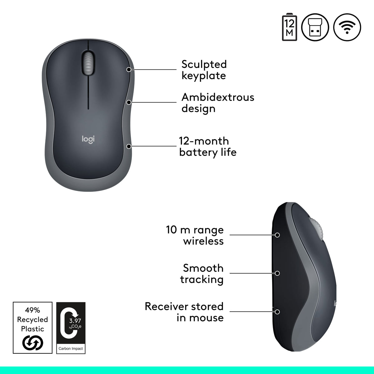 Logitech - M185 Wireless Optical Ambidextrous Mouse - Wireless - Swift Gray
