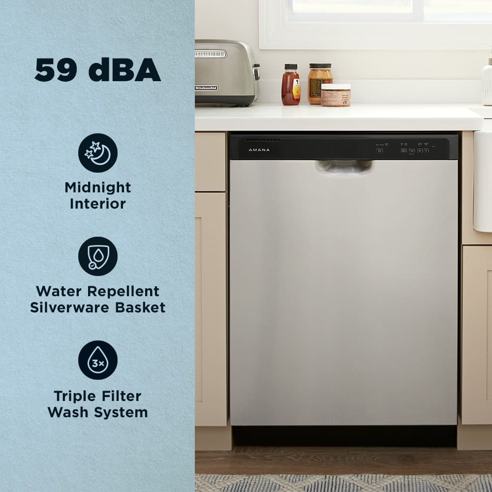 Amana - 24 inch Front Control Built-In Dishwasher with Dark Interior, Large Capacity, 59 dBA - Stainless Steel