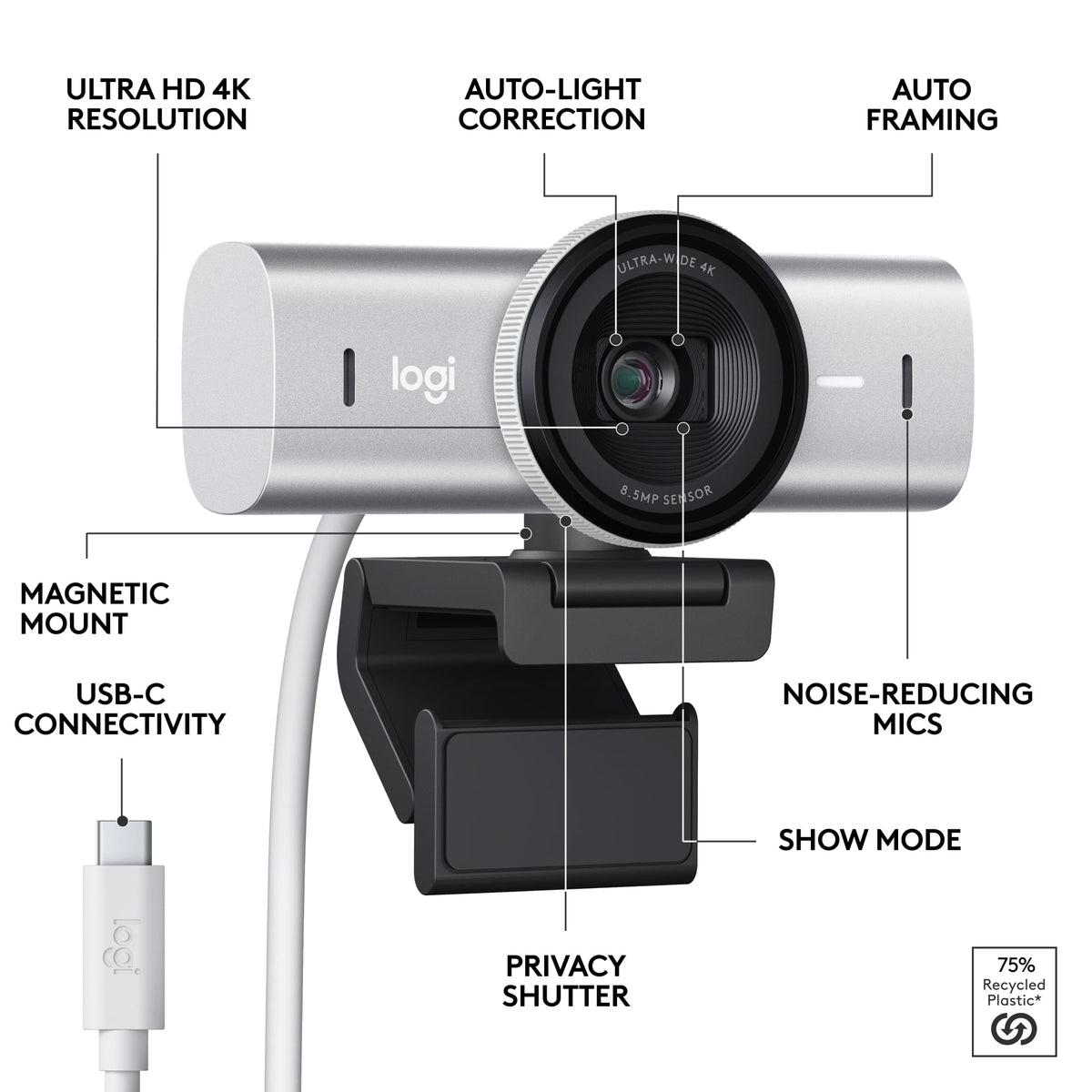 Logitech - MX Brio Ultra HD 4K Video Conference, Gaming and Streaming Webcam - Pale Gray