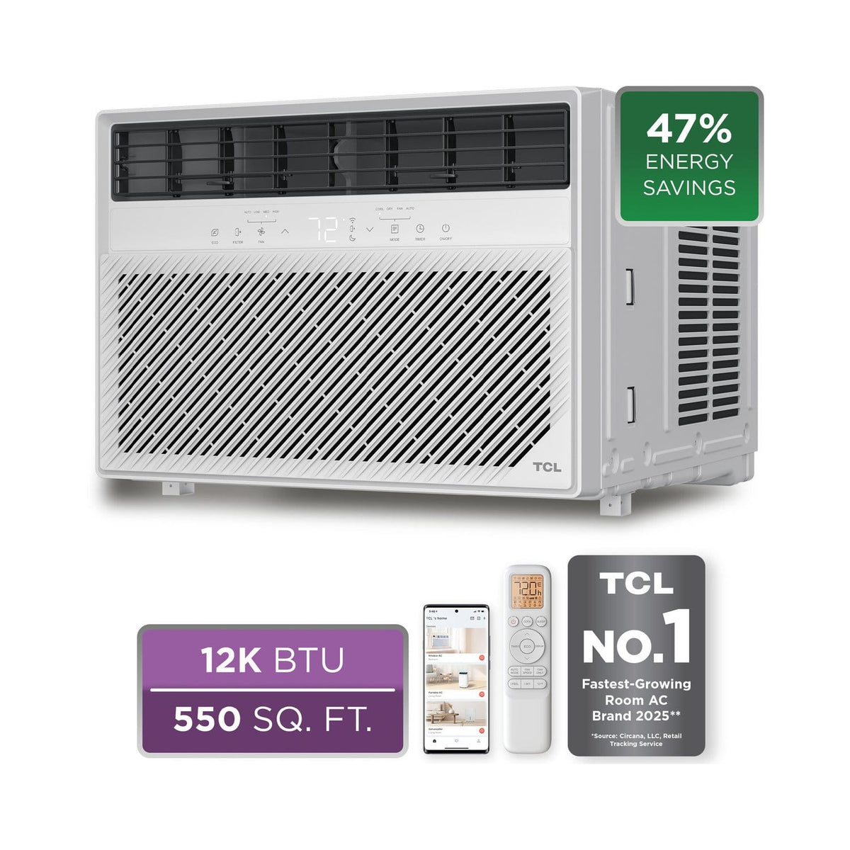 TCL - 550 Sq. Ft. 12,000 BTU Smart Window Air Conditioner, Digital, Remote Included with Remote - White