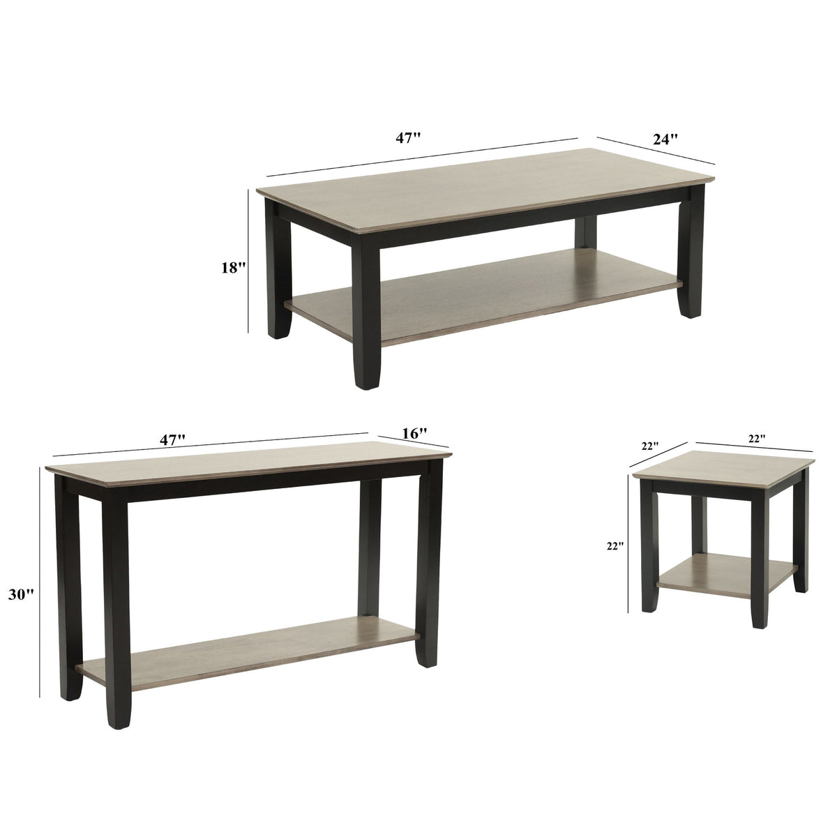 Juego de 3 mesas con estante de almacenamiento abierto, incluye mesa de centro, mesa auxiliar y mesa de consola - Negro / Negro / Gris / Gris