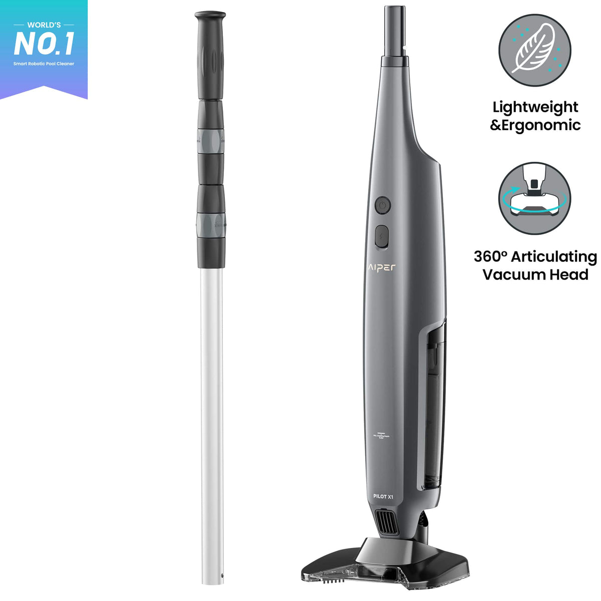 Aiper - Pilot X1 Handheld Pool Vacuum: Anti-Clog System, 1,260 GPH Suction, Dual Filters, Lightweight Design - Gray