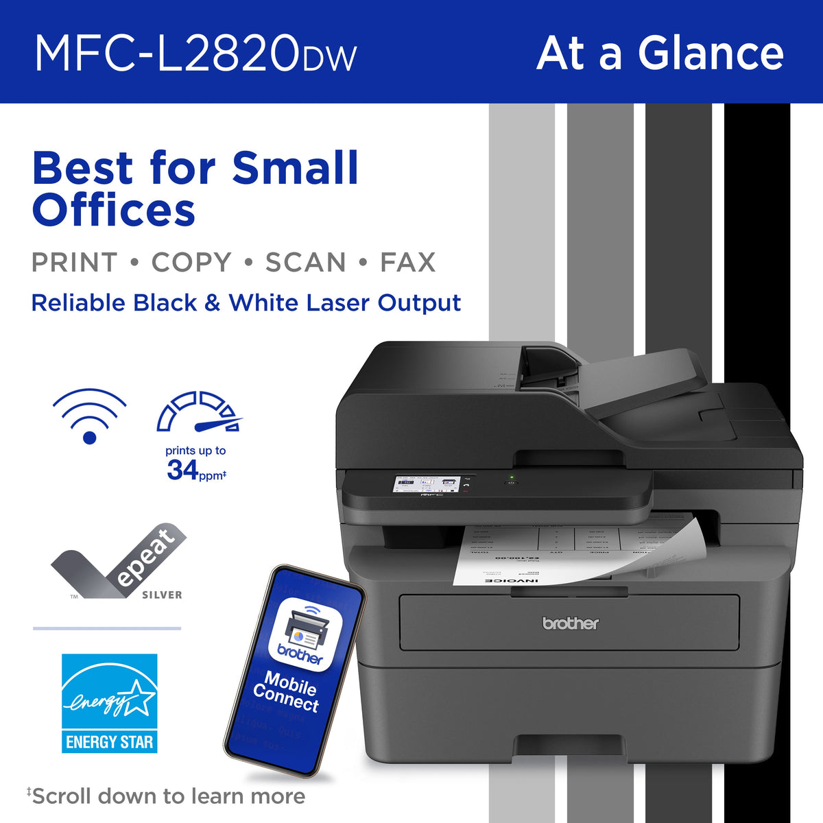 Brother - MFC-L2820DW Wireless Black-and-White Refresh Subscription Eligible All-In-One Laser Printer, Great for Home Offices - Gray