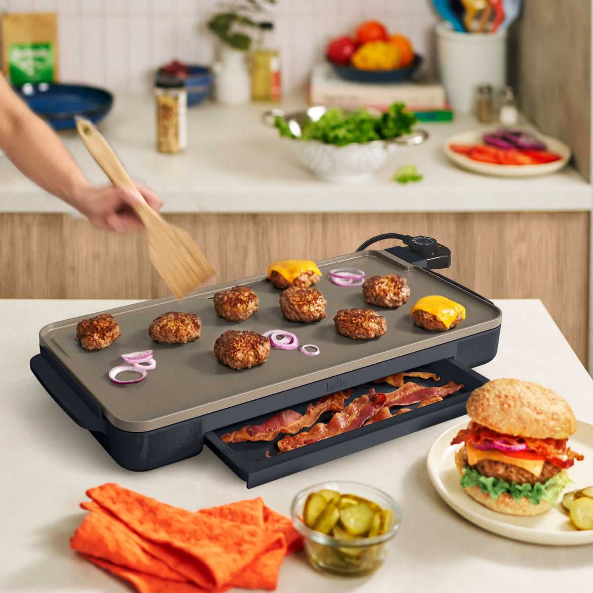 Bella - 10" x 20" Electric Griddle with Warming Tray - Slate