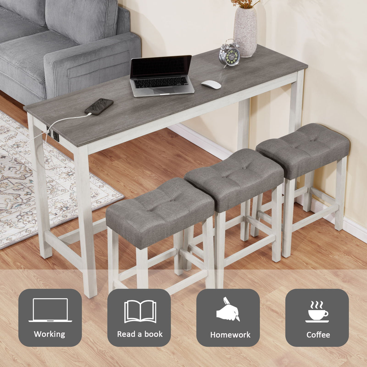 Set de mesa de bar de 4 piezas con toma de corriente