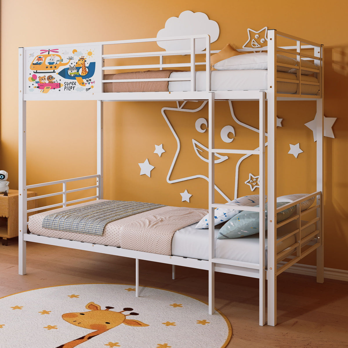 Litera, Convertible a 2 Camas Individuales Separadas con Barandilla de Seguridad de Longitud Completa y Escalera, No Necesita Somier - Blanco