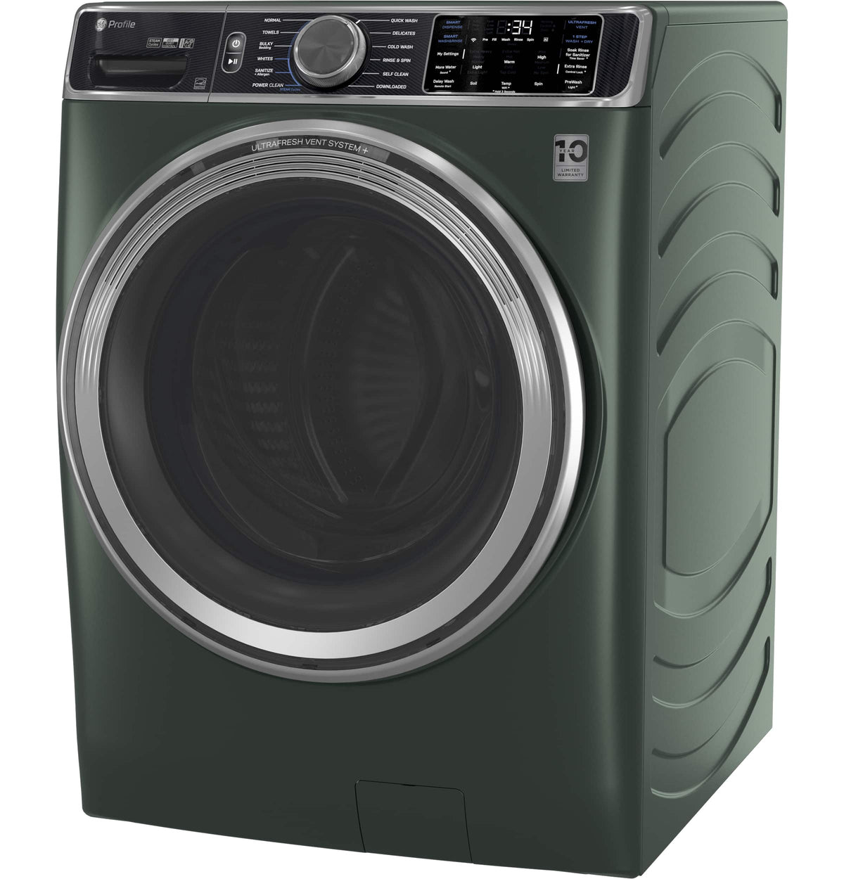 GE Profile - 5.5 Cu. Ft. High Efficiency Stackable Smart Front Load Washer with Steam and UltraFresh Vent System+ With OdorBlock - Jade Green
