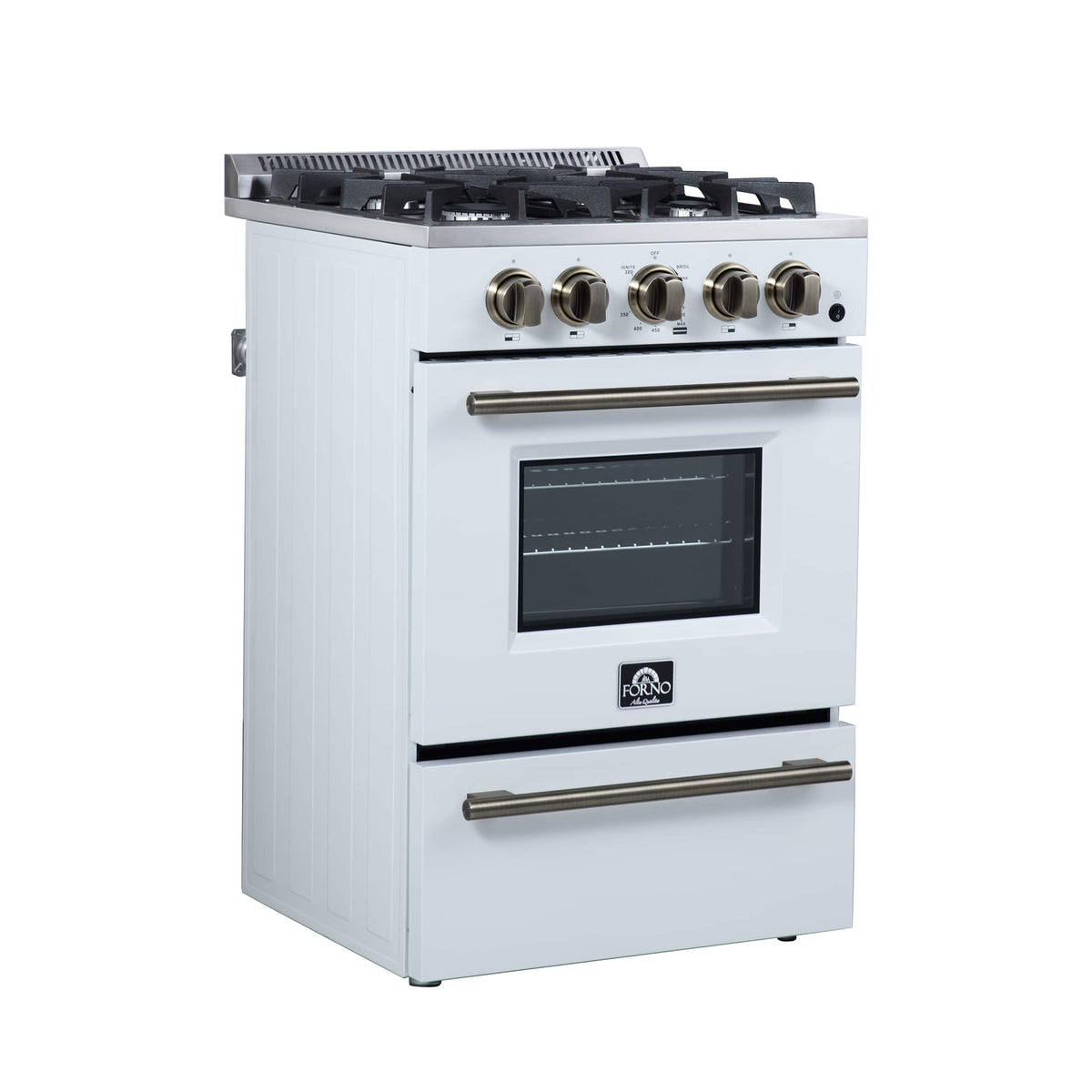 Forno Appliances - 24 in. Wide 4 burner Breno 2.3 Cu. Ft. Freestanding Gas Range with Antique Brass Accents - White