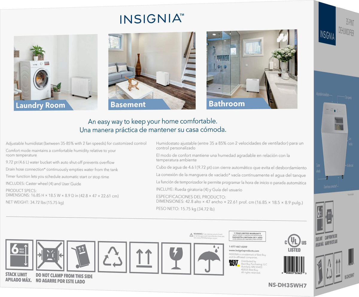 Insignia™ - 2,000 Sq. Ft. 35-Pint Portable Dehumidifier with 4.86 qt Bucket Capacity and ENERGY STAR Certification - White