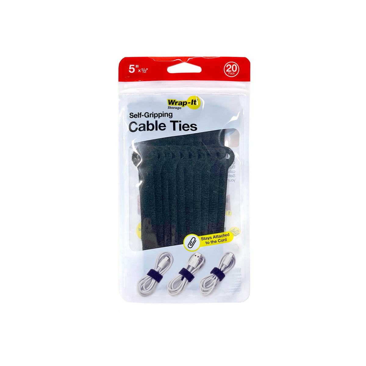Wrap-It Storage - Self-Gripping Cable Ties - 5-inch (20-Pack) Reusable Hook and Loop Ties - Black