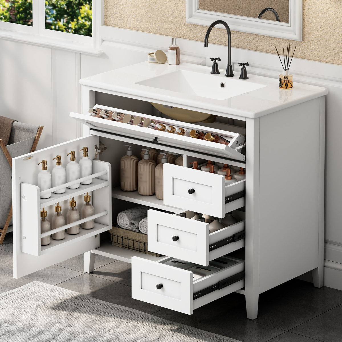 Tocador de baño con lavabo, mueble con 3 cajones y estante ajustable