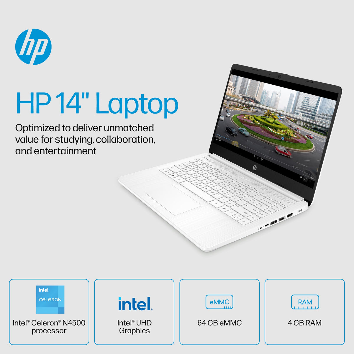 HP - 14" Laptop - Intel Celeron N4500 2021 - 4GB Memory - 64GB eMMC - Snowflake White
