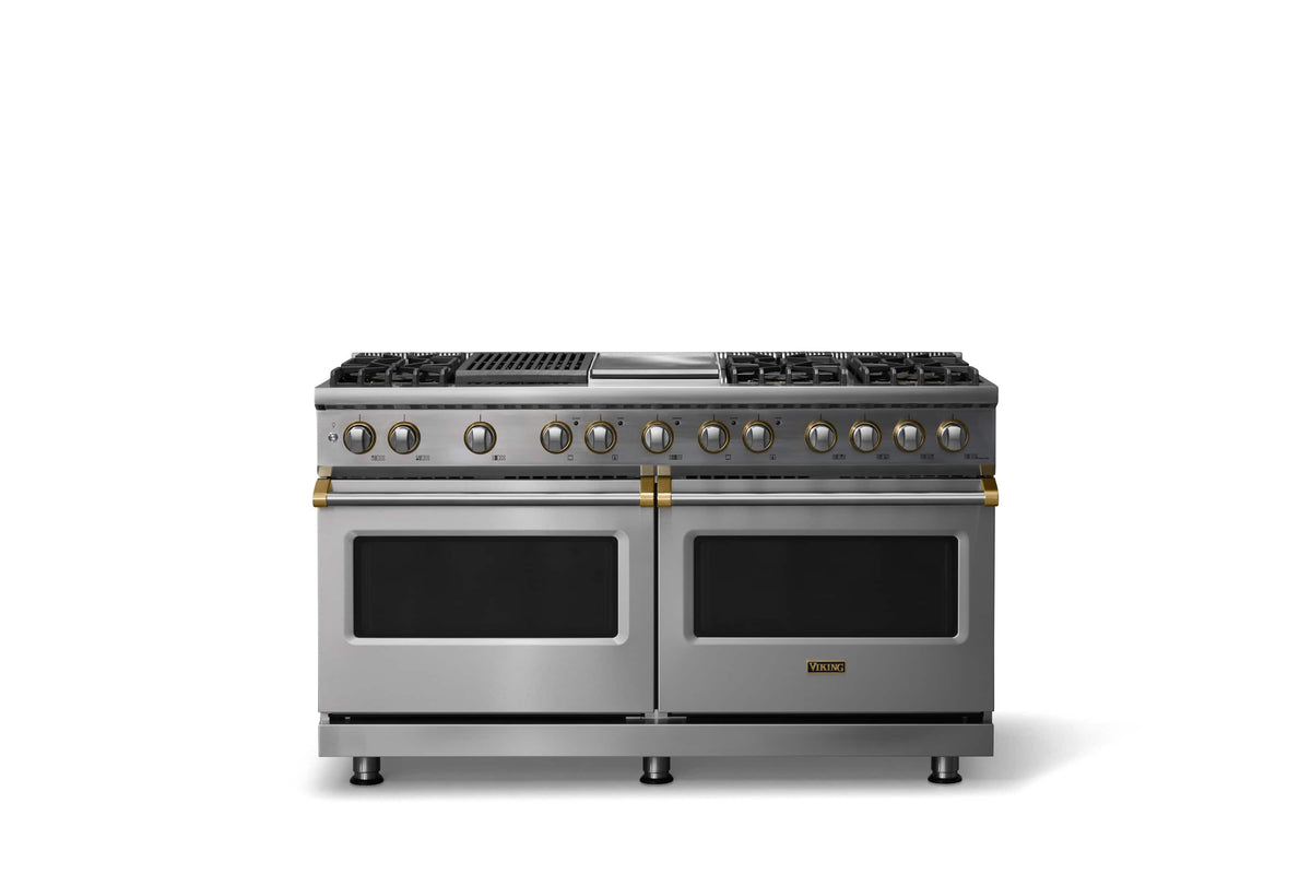 Viking - 60"W. P5S 9.4 Cu.Ft. Freestanding Self-Clean Sealed 8B Dual Fuel Convection Rng/Grdl/Grl-Stainless Steel/Brushed Brass - Stainless Steel