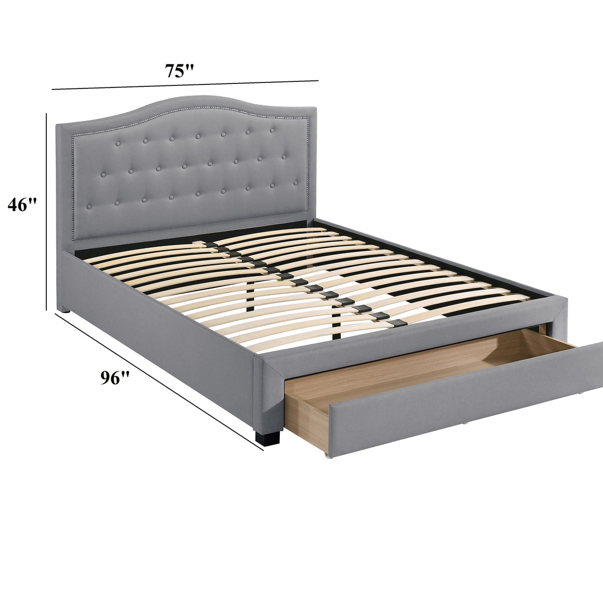 Cama moderna con cabecera de arco capitoné y piecero con almacenamiento