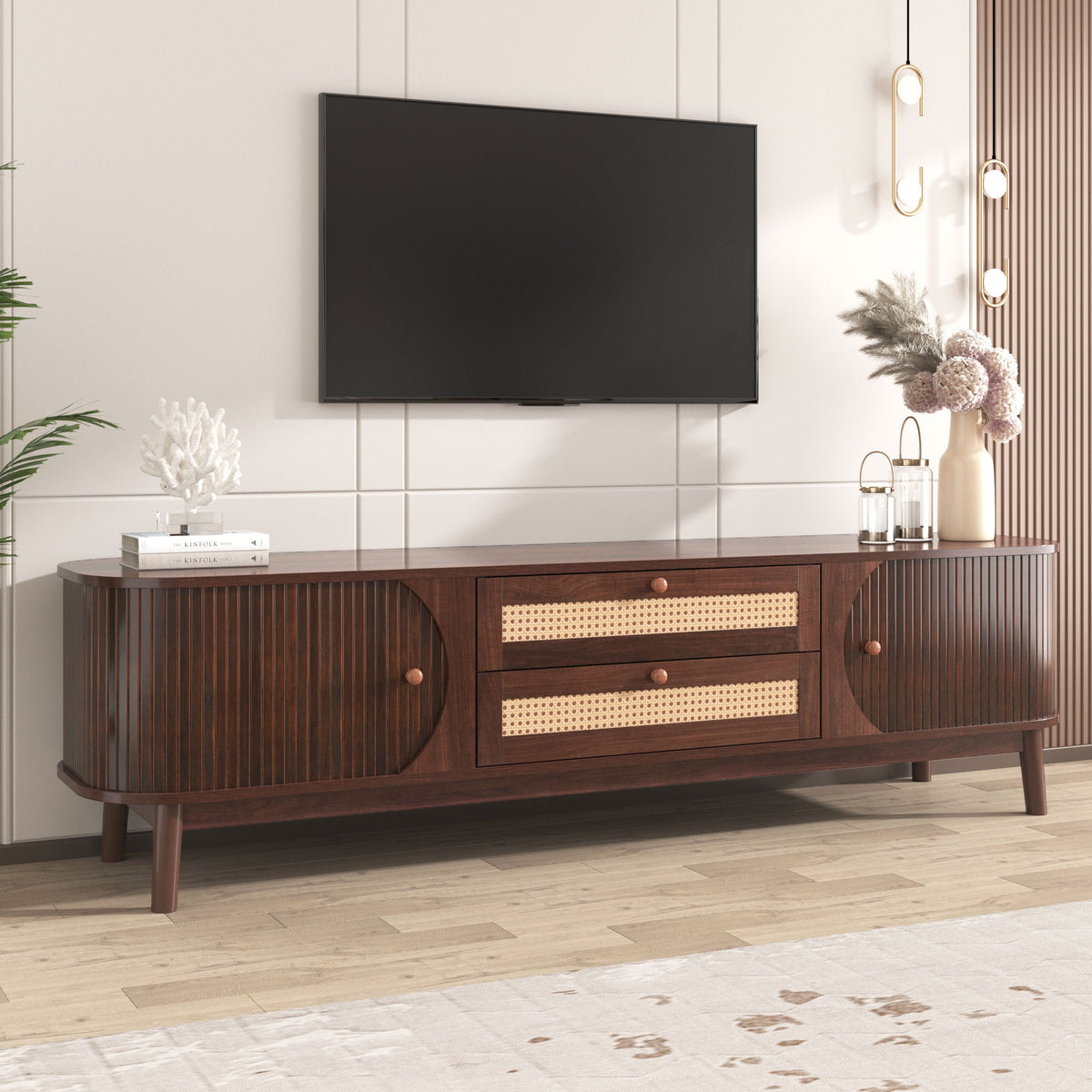 TV Stand For TVs Up To 75'', Cabinet With Drawers And Sliding Doors, Living Room Entertainment Console - Natural Wood / Brown