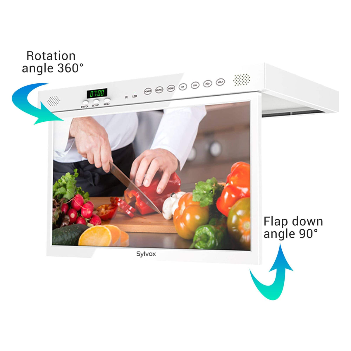 Sylvox - 15.6" Class Under Cabinet Smart Kitchen TV, 1080P HD Google TV, 360° Rotation & 90° Flip-Down Screen Space-Saving Design