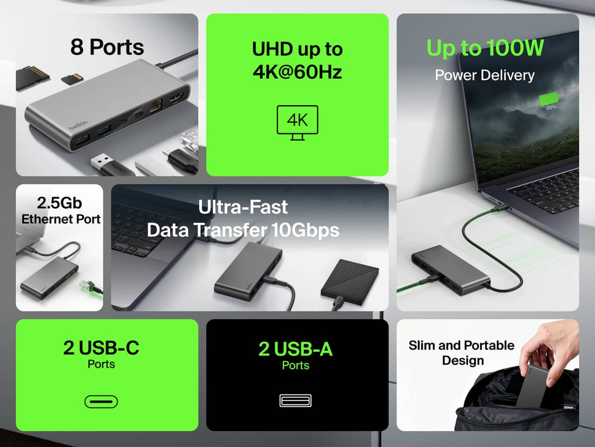 Belkin - 8-Port Hub w/ 4K HDMI Display @ 60Hz, 100W Power Delivery, Fast Data Transfer 10Gbps, USB-C Multiport Adapter - Space Gray