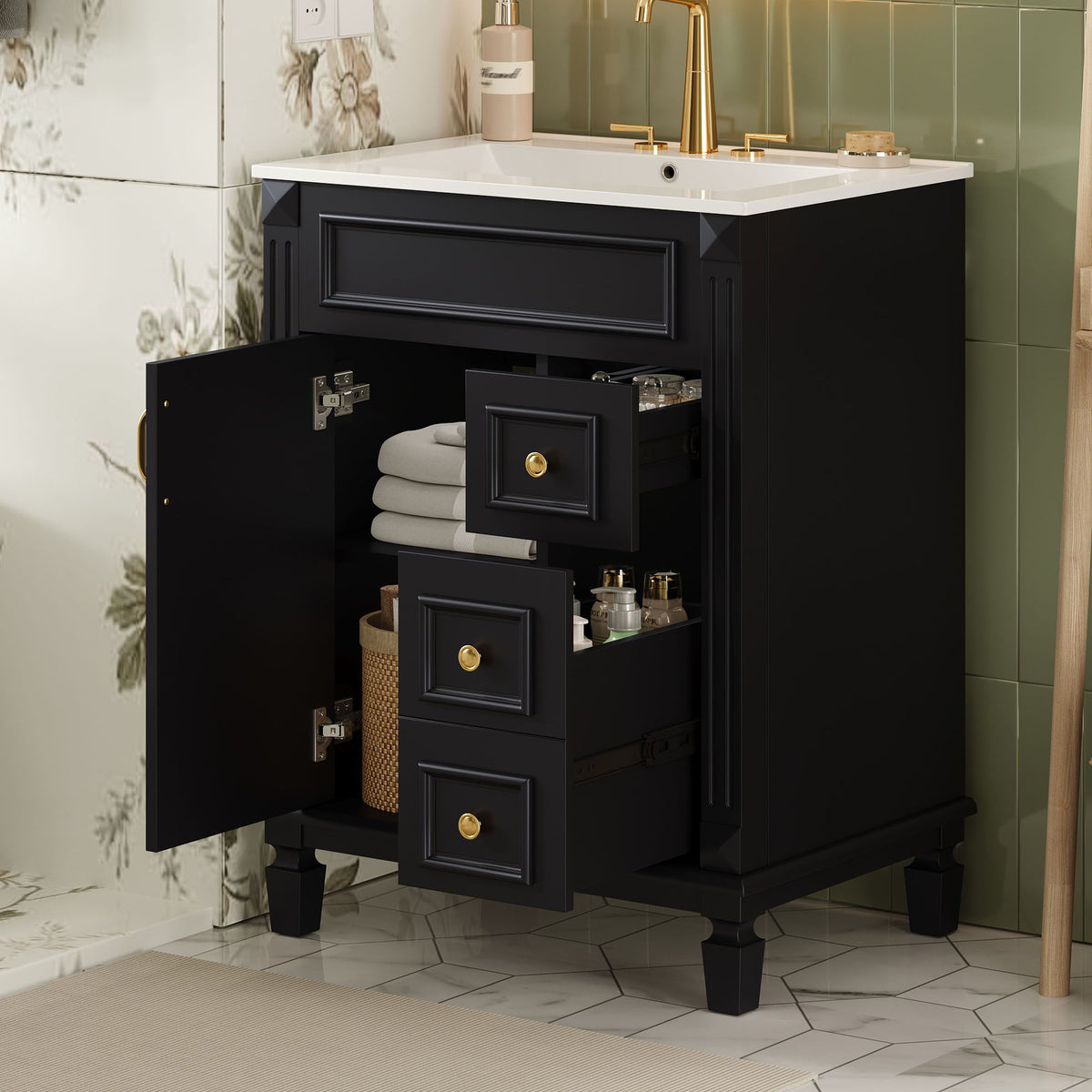 Bathroom Vanity With Sink, Compact Cabinet & 2 Drawers And Adjustable Shelf
