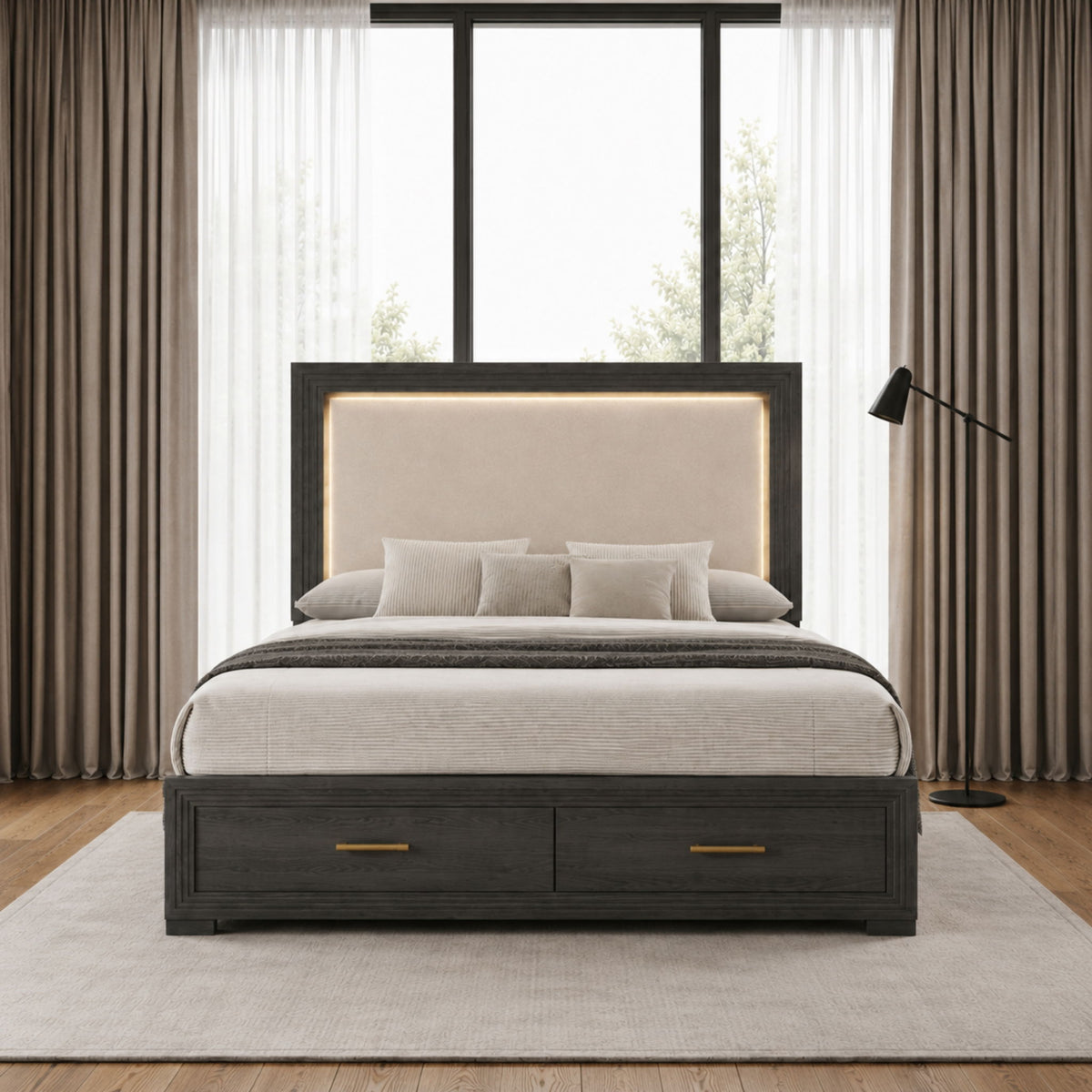 Colorado - Cama con cabecero tapizado con LED