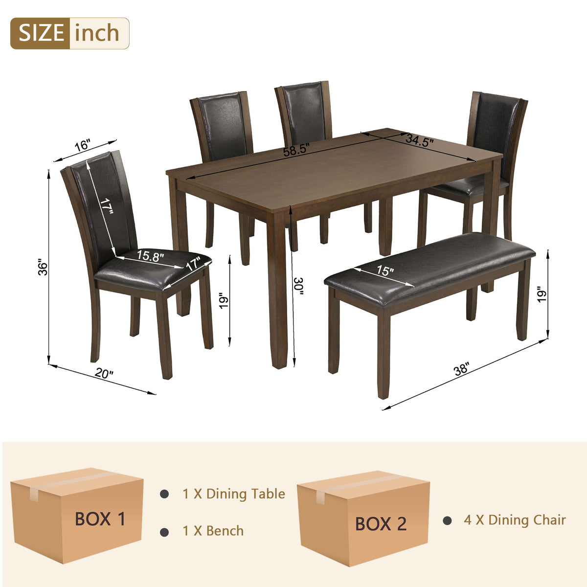 Juego de comedor de 6 piezas con mesa, banco y sillas para comedor - Nogal oscuro